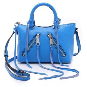 Rebecca minkoff blue bag micro moto fur pompom